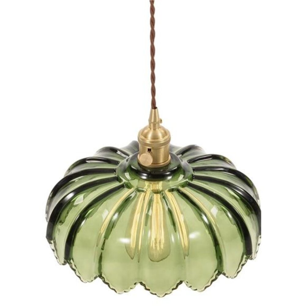NEW West Elm Vintage Green Retro Glass Hanging Gold Floral Pendant Light Fixture - Picture 2 of 12